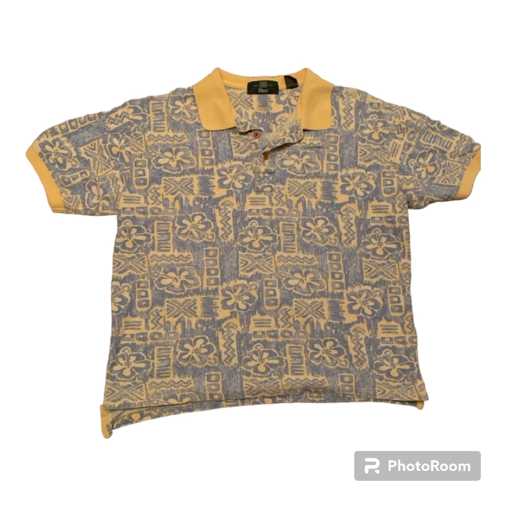 Vintage Orvis Shirt Mens Large Blue Yellow All Over Print Ringer Polo Cotton C2